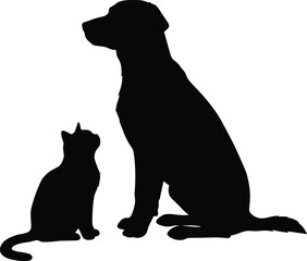 Silhouette of a sitting dog and cat together on white background, representing friendship, love, loyalty, companionship, and peaceful pet relationship