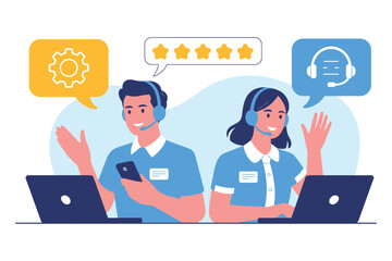 Two smiling customer service representatives with headsets are working at their computers.