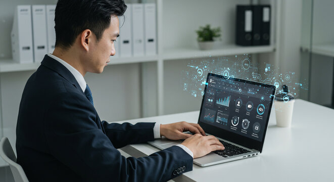 Professional businessman analyzing complex data on a futuristic digital interface, optimizing business strategy and insights for growth.