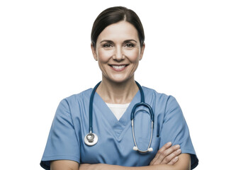 Fototapeta premium Smiling female doctor wearing scrubs and stethoscope isolated on transparent background