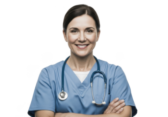 Smiling female doctor wearing scrubs and stethoscope isolated on transparent background