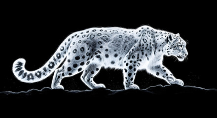 A majestic snow leopard stalks through the darkness, its form illuminated in a ghostly, luminous x-ray effect against a black background