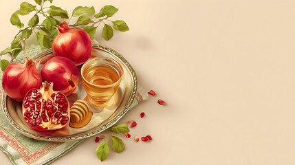 Happy Rosh Hashanah with Jewish symbols, including honey, pomegranate