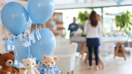 Blue balloons miniature baby clothes teddy bears festive celebration decoration party event - Powered by Adobe
