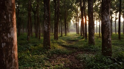 A serene path meanders through a dense forest plantation bathed in the warm glow of late afternoon sunlight filtering through trees