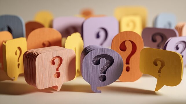 Colorful Question Mark Bubbles Group Concept: Creative Communication Symbols in Bright Multicolor Studio Scene for Business, Education, Marketing, and Online Content