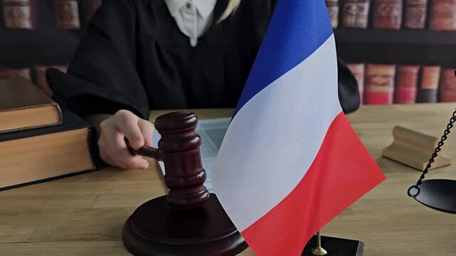 Judge in a courtroom setting with the French flag displayed prominently during a legal proceeding