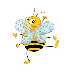 Adorable cartoon bumblebee character with four wings dancing, isolated on a white background