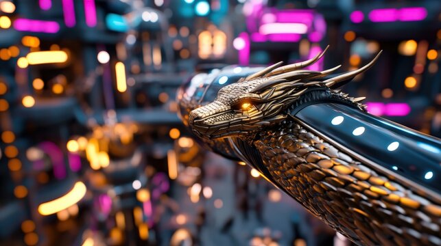 A detailed robotic dragon sculpture dominates the scene, surrounded by vivid neon lights, representing a blend of technology, artistry, and imagination in a vibrant urban landscape.