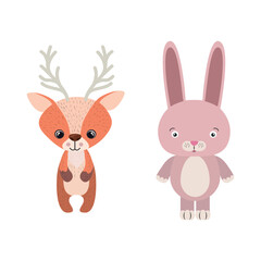 Charming Woodland Friends Cute Cartoon Deer and Rabbit Standing Together in a Delightful Illustration