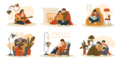 Naklejka premium Winter home. Sick person in blanket. Characters in casual plaids or scarves chill at furnace. Couple hugging on sofa at heater. Woman and man shiver in frozen room. Vector flat scenes set
