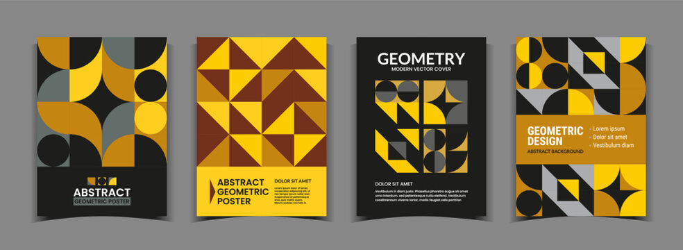 Geometric poster set. Modern cover design, abstract background with triangles. Minimal composition with copy space for text. Business banner or flyer template. Bauhaus style vector collection