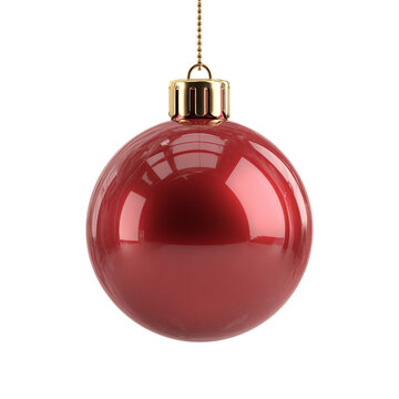 Red Christmas Bauble with Gold Cap Hanging Straight, Front View, Isolated on Transparent Background