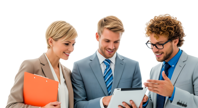 Three business people looking at a tablet computer isolated on transparent background