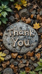 &ldquo;Thank You &rdquo; message written with leaves or stones in a garden setting.