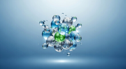 Dynamic molecular cluster with shimmering spheres and fluid droplets evoking science and innovation