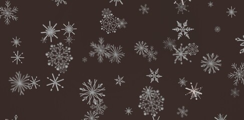 Elegant winter background with detailed snowflakes falling against a brown backdrop. Perfect for holiday design, seasonal pr