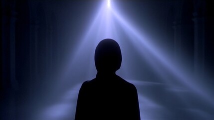 A mysterious silhouette stands alone in a dark space under a bright beam of light. The image captures a sense of solitude and contemplation. Ideal for artistic and emotional projects. AI