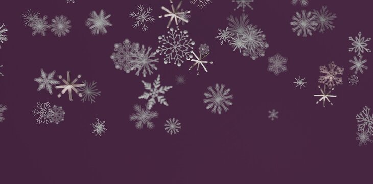 Abstract winter scene of falling snowflakes against a rich purple background. Perfect for holiday design, seasonal cards and