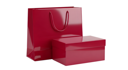 A glossy red shopping bag and a matching red gift box, presented together, isolated on transparent background