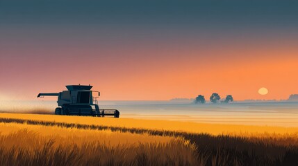 Naklejka premium Golden Wheat Fields at Dusk with a Machine Cutting in a Serene Farmland Landscape