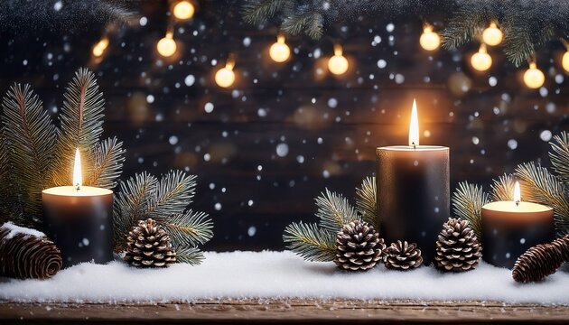 Christmas Dark Academia Vintage Winter Wooden Table With Fir Branches Pine Cones Black Candles And Twinkle Lights Covered In Fake Snow