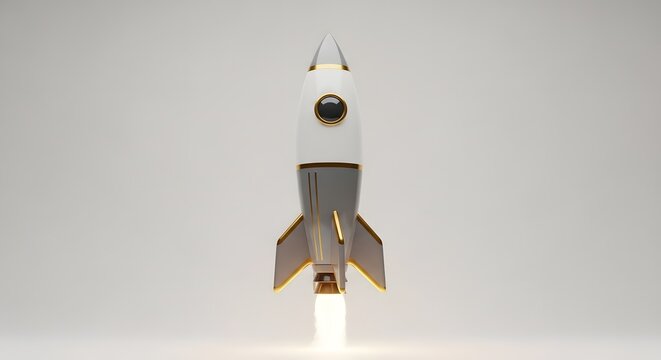A retro style rocket ship launching with bright flames and smoke against a neutral background