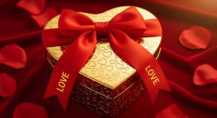 Golden heart shaped gift box with red satin ribbon and love inscriptions surrounded by rose petals