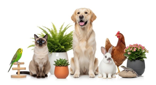 Group of Pets Posing with Potted Plants on White Background