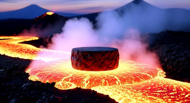 Molten lava flowing in a river of fire with a cylindrical object emitting steam in the foreground and mountains in the background at dusk - Powered by Adobe