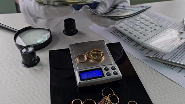 Weighing gold jewelry and counting cash at the local pawn shop with expert insights on valuing items