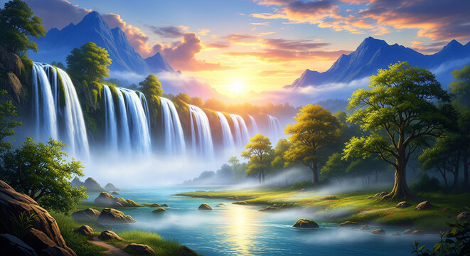 waterfall, river, morning light, mist, forest, mountains, blue sky, nature wallpaper, fantasy landscape, lush greenery, scenic view, bright atmosphere, vibrant nature, outdoor scene, realistic art