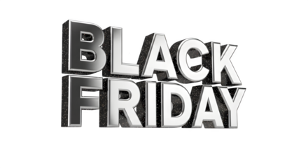 Bold 3d metallic text spelling out black friday, representing a significant shopping event and commercial holiday, isolated on transparent background