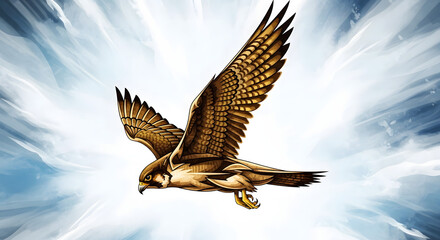 A majestic golden falcon soars through a radiant sky, a powerful bird of prey in a detailed and symbolic illustration