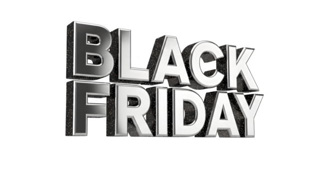 Bold 3d metallic text spelling out black friday, representing a significant shopping event and commercial holiday, isolated on transparent background
