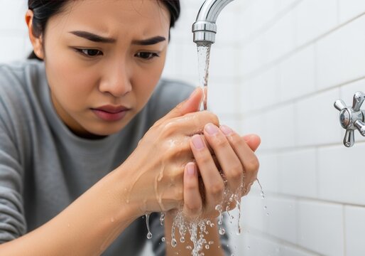 A worried Asian woman obsessively washing her hands in a bathroom. Hygiene, anxiety, and OCD concept with fear of germs and contamination