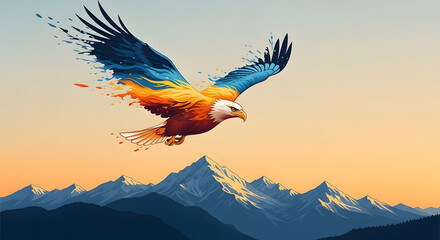 Colorful Eagle soaring over mountain tops at sunset, watercolor majestic bird