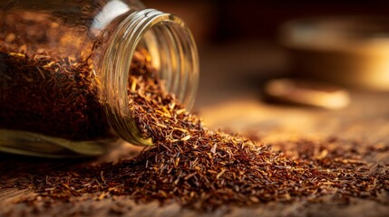 Spilled Rooibos Tea Leaves from Glass Jar onto Rustic Wooden Surface in Warm Natural Light
