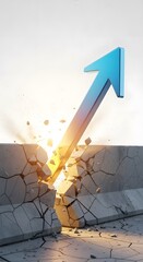 Blue arrow breaking through a cracked concrete wall symbolizing growth success and overcoming obstacles