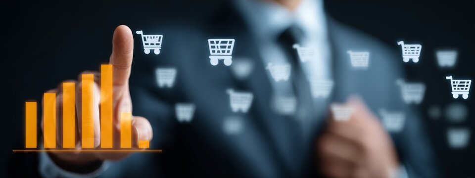 A Businessman Pointing at a Sales Chart with Shopping Carts, Representing Commerce Growth and E-commerce Strategies