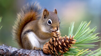 A curious squirrel munching on a pine cone while perched on a branch surrounded by lush greenery