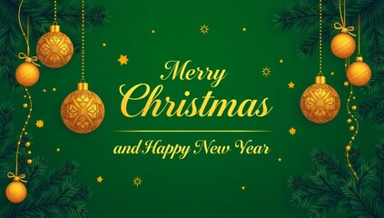 Festive merry christmas and happy new year greeting with ornaments