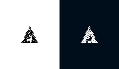 Silhouette design illustration of a Christmas tree, deer, bells, and Christmas decorations. Vector template.