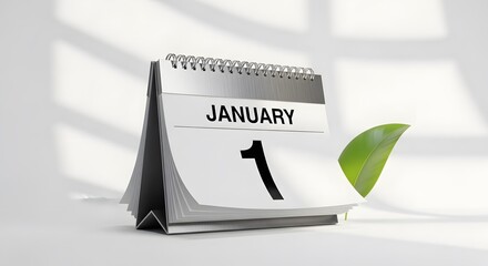 Desktop flip calendar showing january first day with soft shadows and a green leaf symbolizing new beginnings
