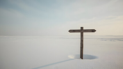 Distant Wooden Cross Sign in a Vast Frozen Winter Landscape with Cloudy Sky