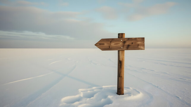 Close Up of Rustic Wooden Arrow Signpost in a Soft Lit Serene Winter Landscape - Powered by Adobe