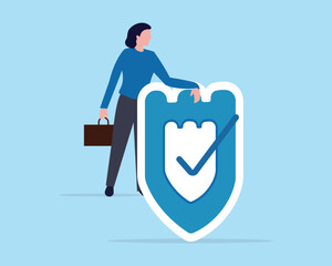 Security safety, businessman holding strong protection shield and office bag. Privacy protect, defense from cyber attack, safeguard, guarantee template, poster and banner. vector illustration.