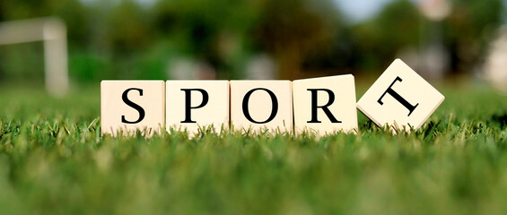 Wooden blocks arranged to spell sport rest on lush green grass in a park. Bright sunlight illuminates the scene, highlighting the natural beauty of the surroundings