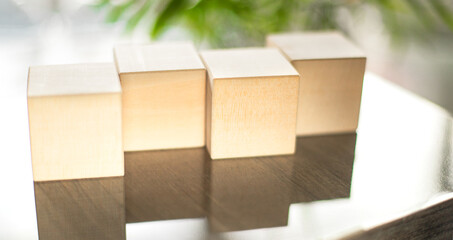 Four wooden cubes sit neatly in a row on a shiny surface. Natural light brightens the room, highlighting the soft textures and the green leaves in the background