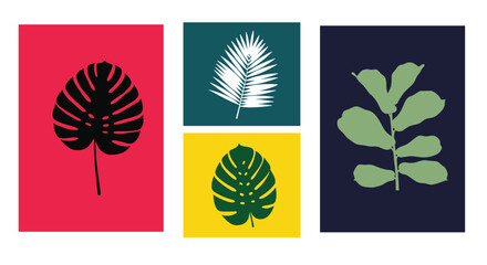 Fototapeta premium Modern collection of four minimalist botanical art prints featuring tropical leaf silhouettes on bold, colorful backgrounds.
